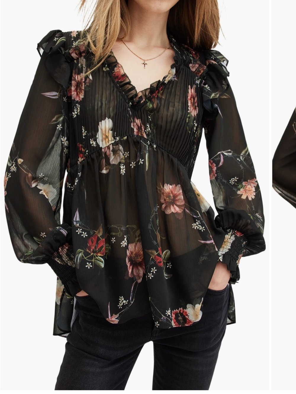All Saints Black Sheer Floral Ruffle Blouse